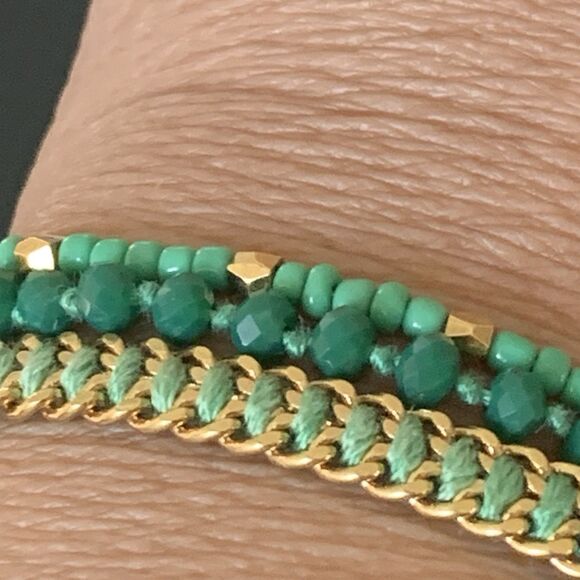 Henri Bendel Multi-strand Bracelet Gold Toggle Faceted Green Beads Signed Charm - Picture 7 of 13